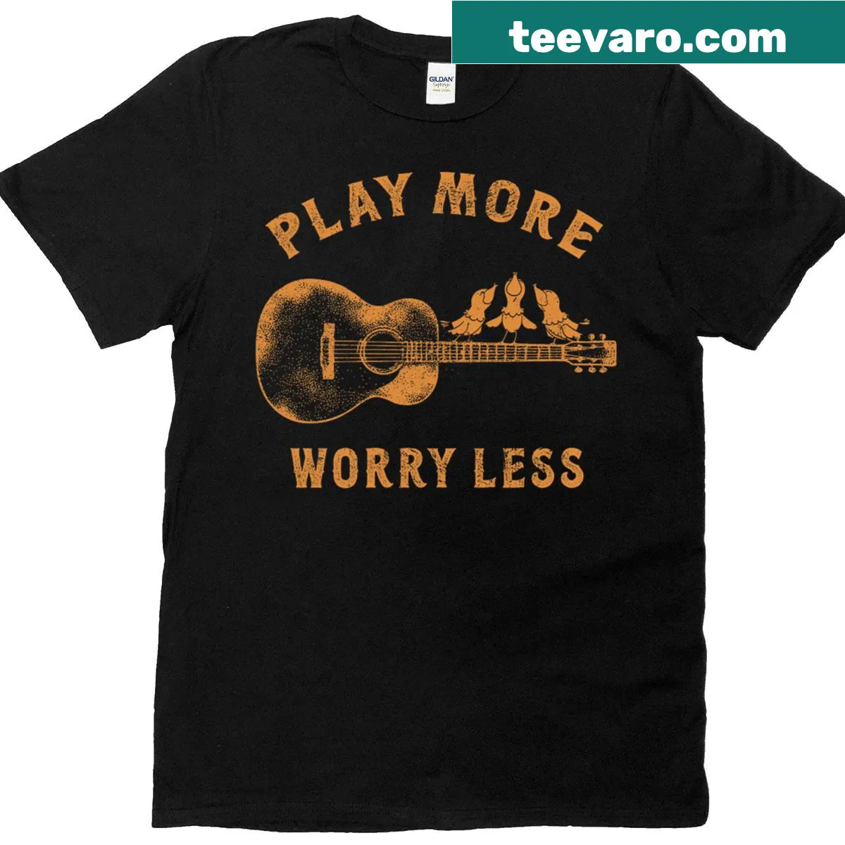 Rustic T-shirt with a guitar and birds graphic, promoting a carefree message — on a men's t-shirt