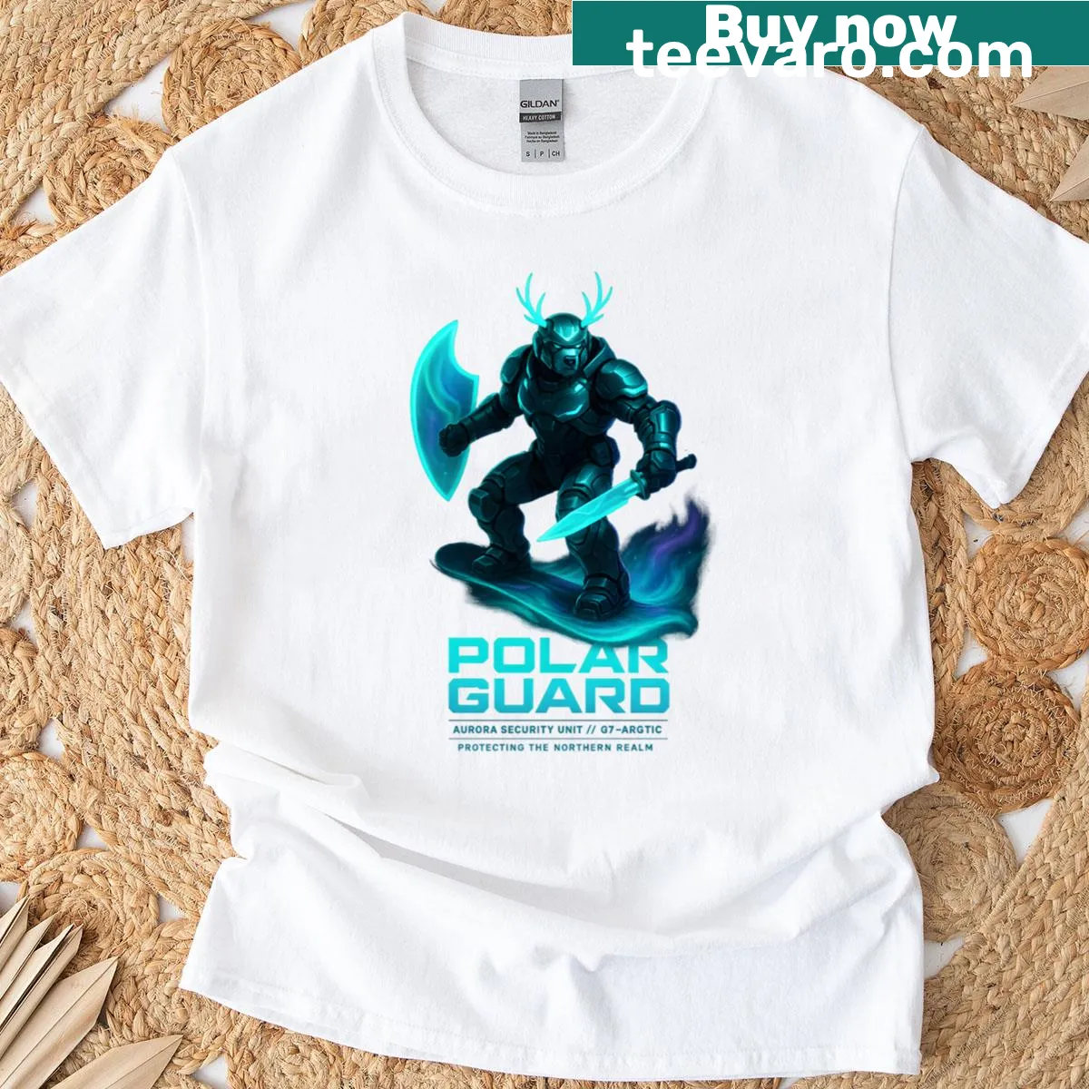 Cyber arctic warrior graphic on T-shirt — on a men's t-shirt