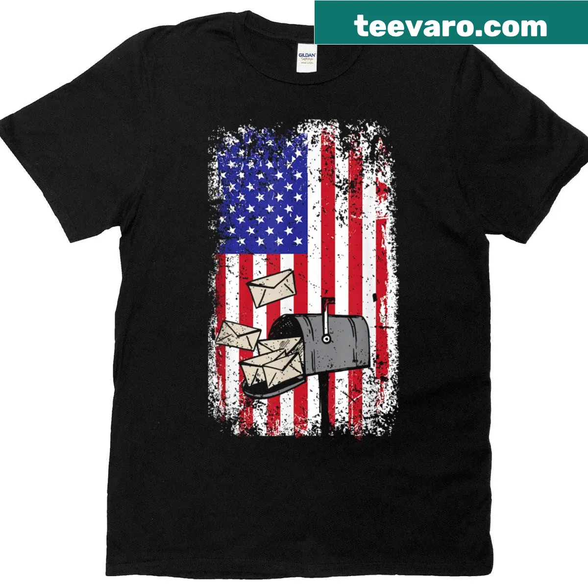 Vintage-style T-shirt with American flag and mailbox design — on a men's t-shirt