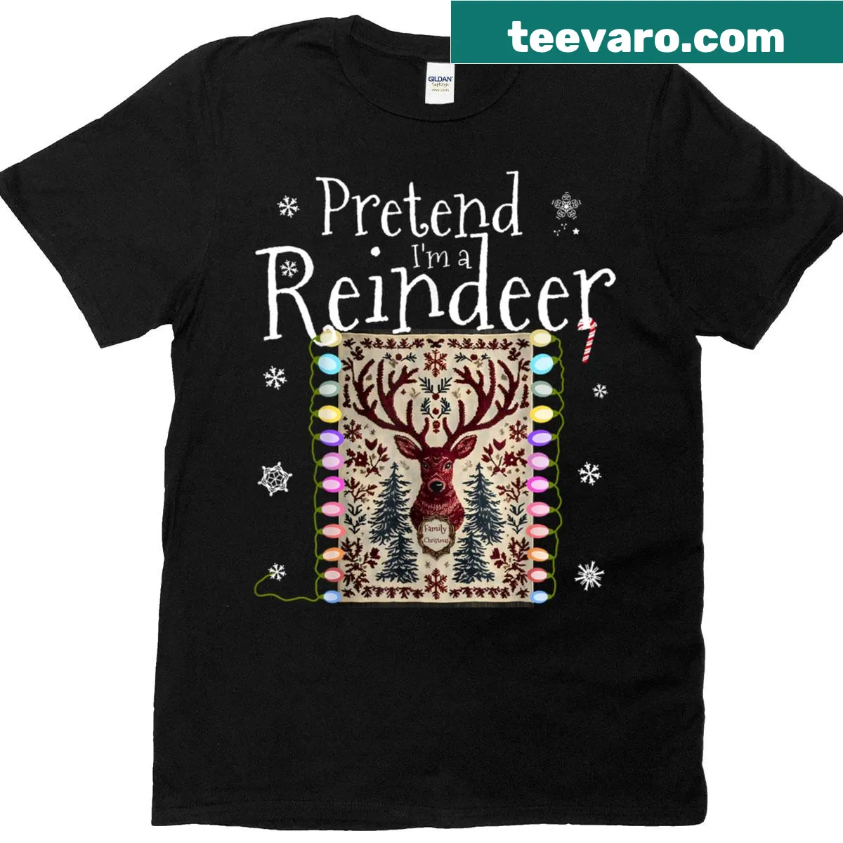 Humorous T-shirt with a deer in Christmas lights and funny phrase — on a men's t-shirt