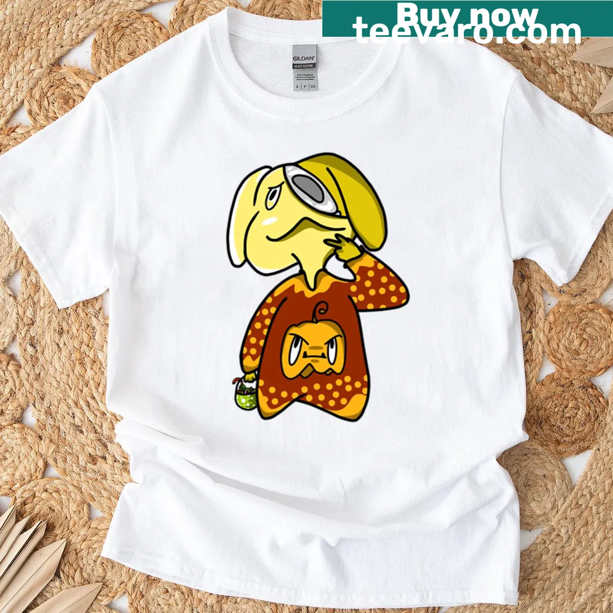 Whimsical fall-themed T-shirt with paw prints and pumpkins — on a men's t-shirt