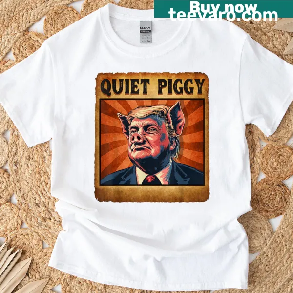 Retro style tee with the phrase 'Quiet Piggy' in vintage font