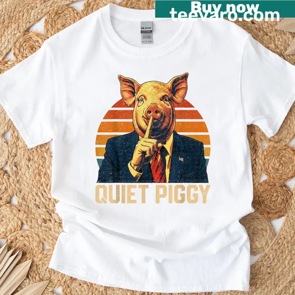 Vintage-style graphic of a relaxed pig with 'Quiet Piggy' text