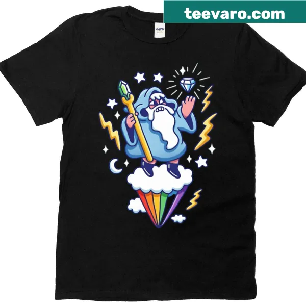 Whimsical wizard and diamonds illustration on fantasy tee