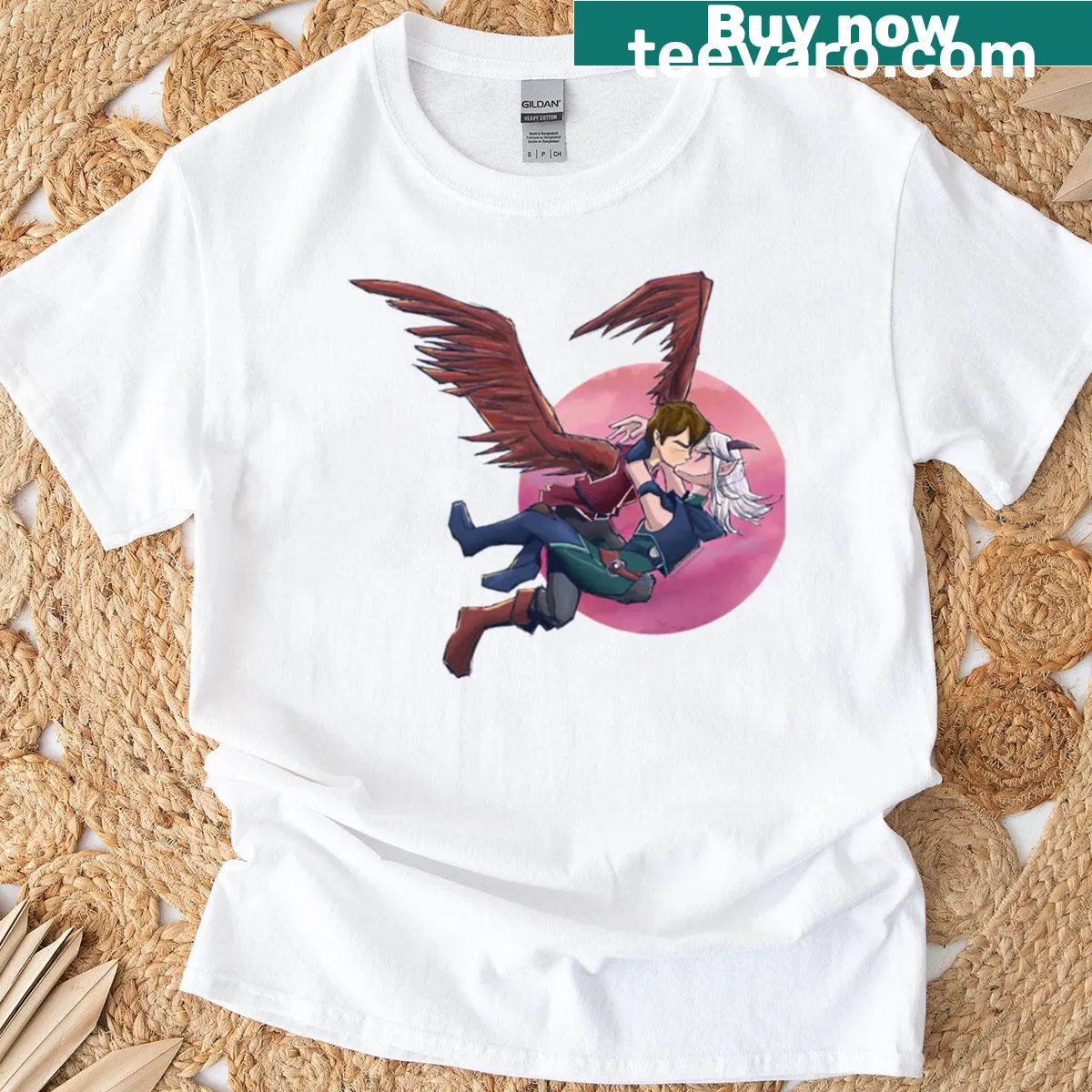 Rayla and Callum illustration featuring their kiss — on a men's t-shirt