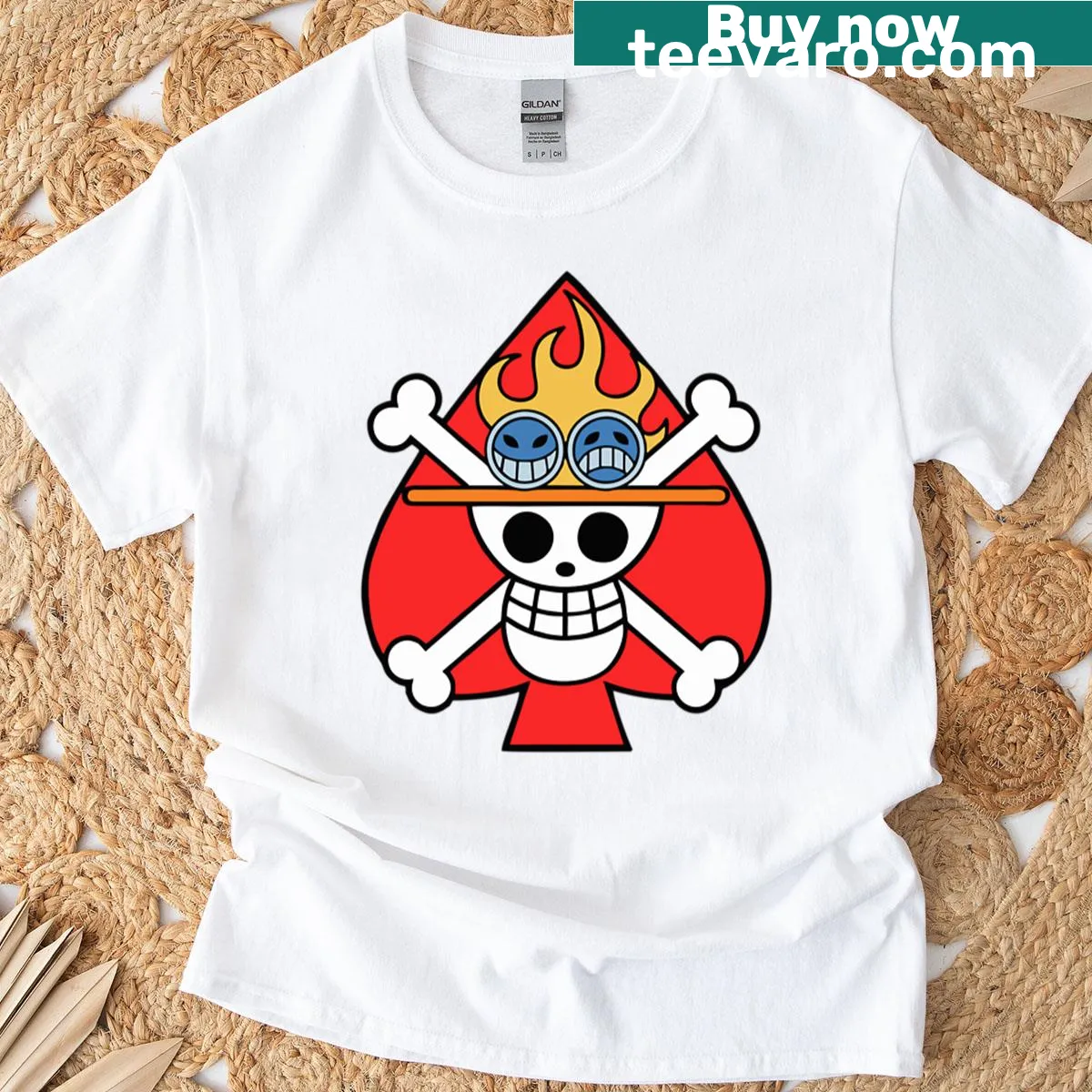 Bold T-shirt featuring Portgas D Ace Jolly Roger flag graphic — on a men's t-shirt
