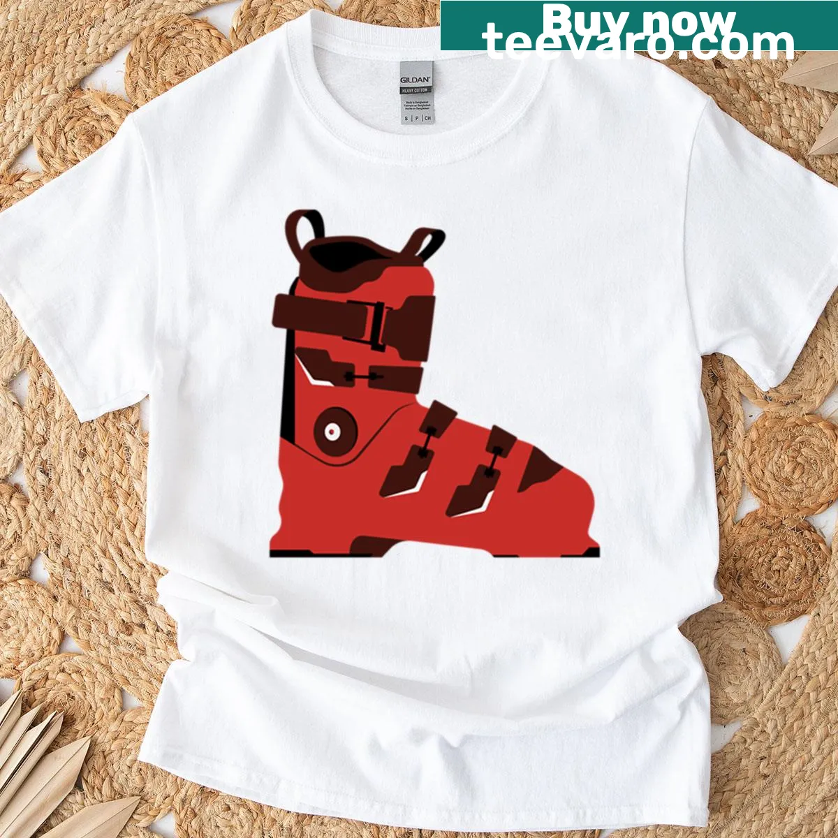 Retro ski boot illustration for ski enthusiasts — on a men's t-shirt