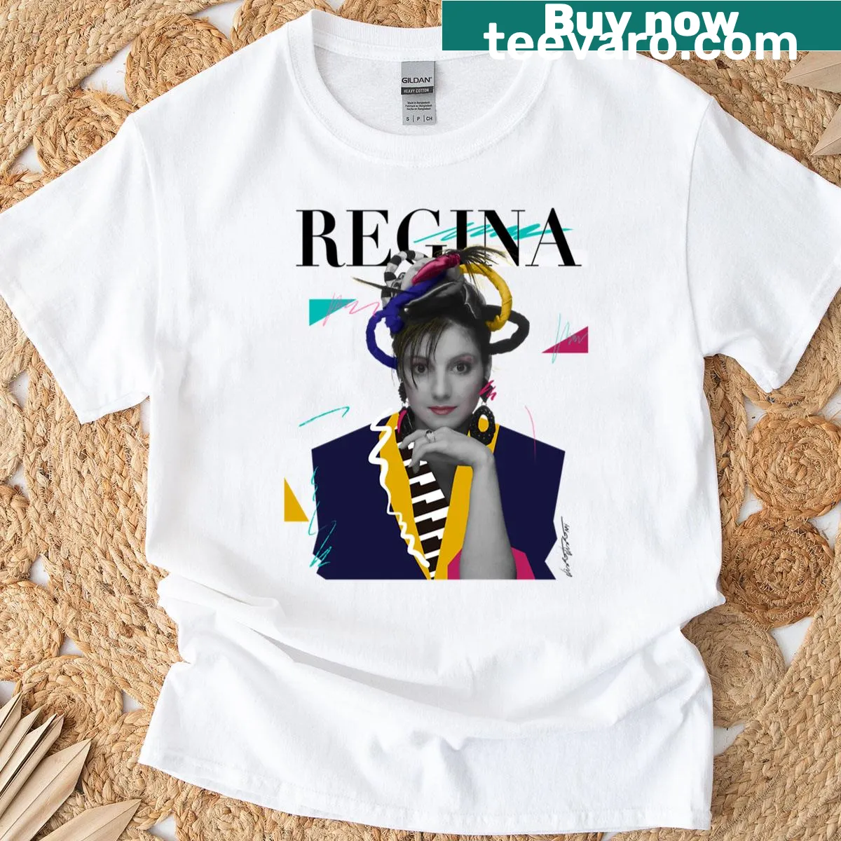 80s collage style graphic t-shirt celebrating nostalgia — on a men's t-shirt
