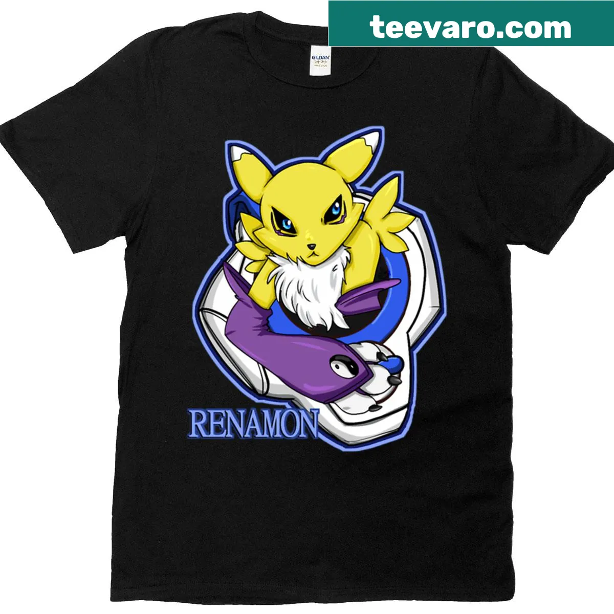 T-shirt featuring an illustration of Renamon from gaming culture — on a men's t-shirt