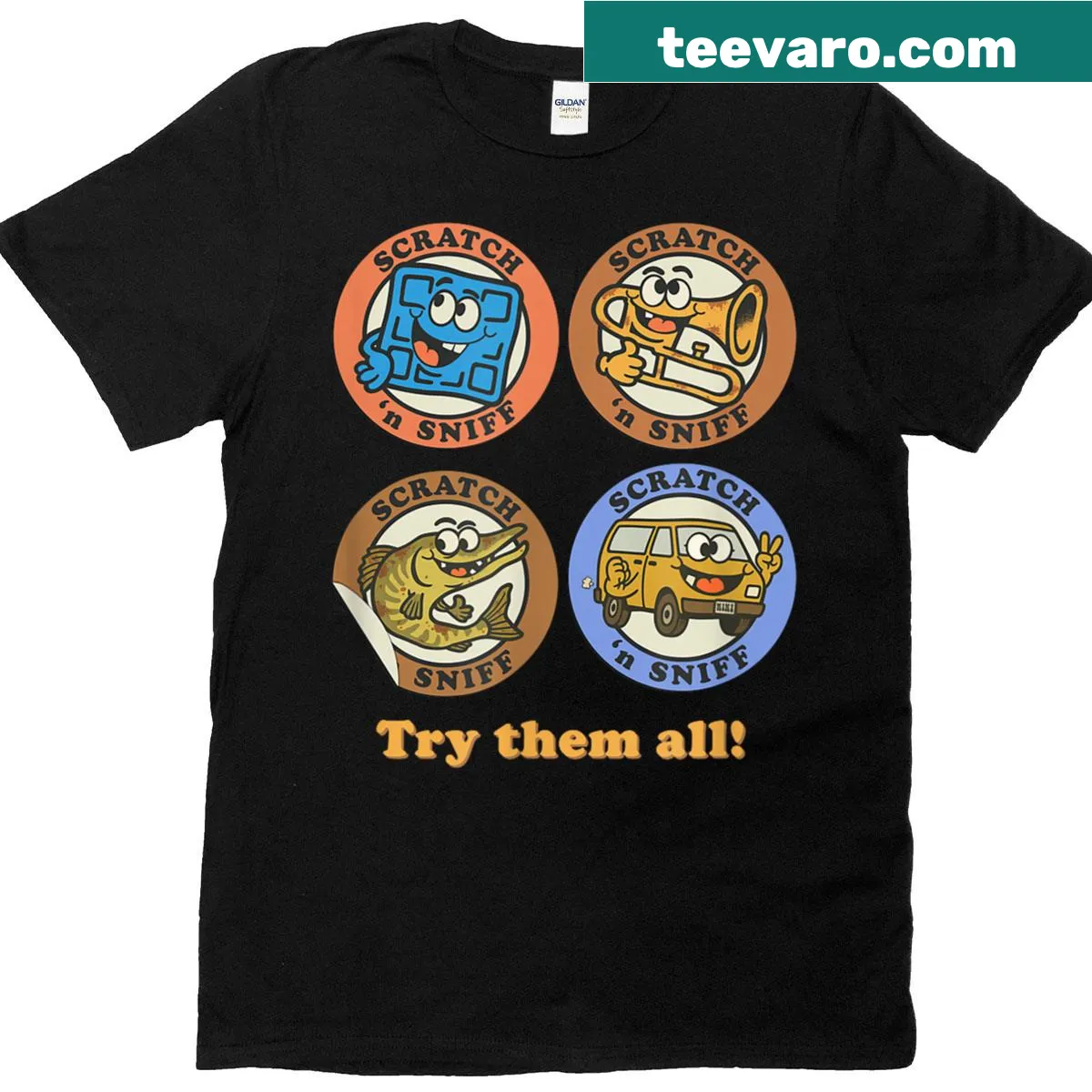 Retro cartoon character mashup t-shirt with scratch 'n sniff theme — on a men's t-shirt