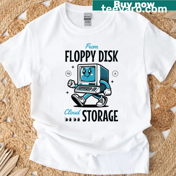 Graphic T-shirt depicting tech evolution from floppy disk to cloud