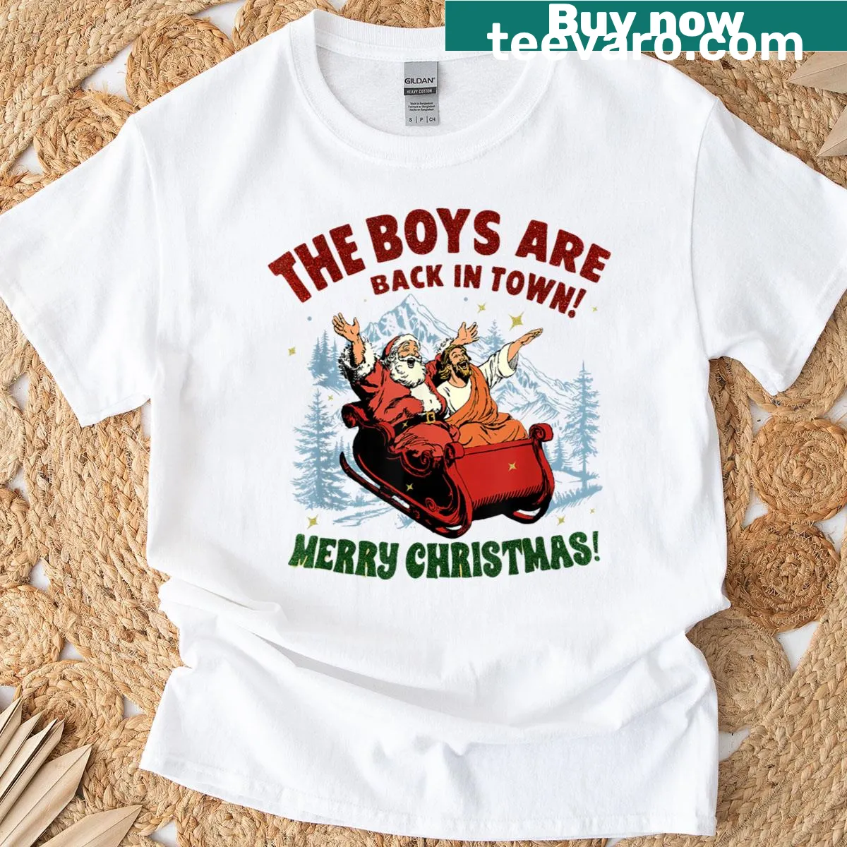 Playful Christmas T-shirt with retro Santa and festive text — on a men's t-shirt