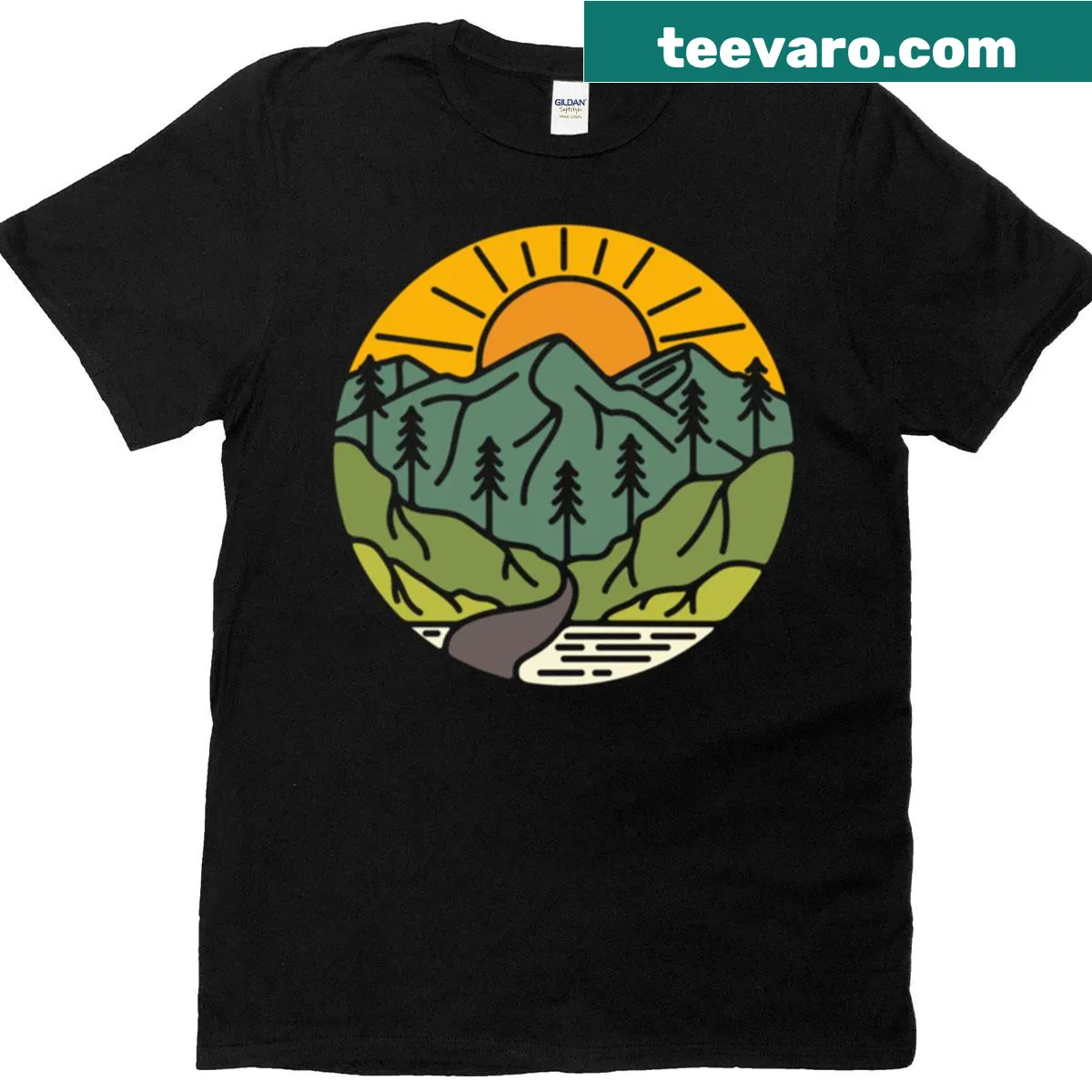 Mountain landscape sunset T-shirt with retro illustration — on a men's t-shirt