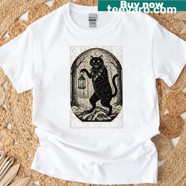 Yule Cat illustrated in a tarot card style on a t-shirt