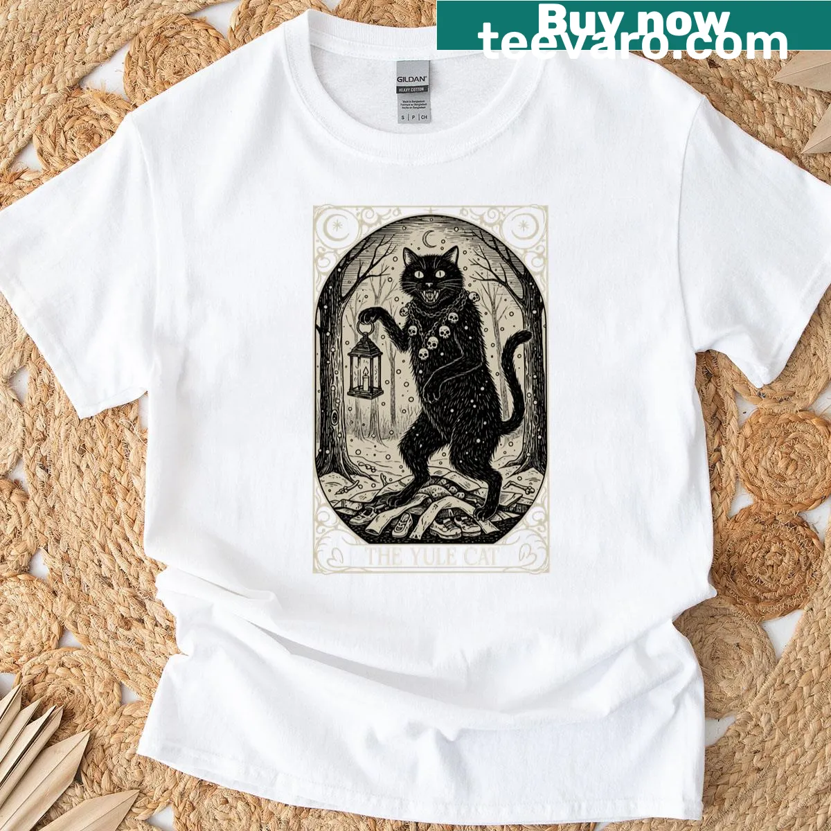 Yule Cat illustrated in a tarot card style on a t-shirt — on a men's t-shirt