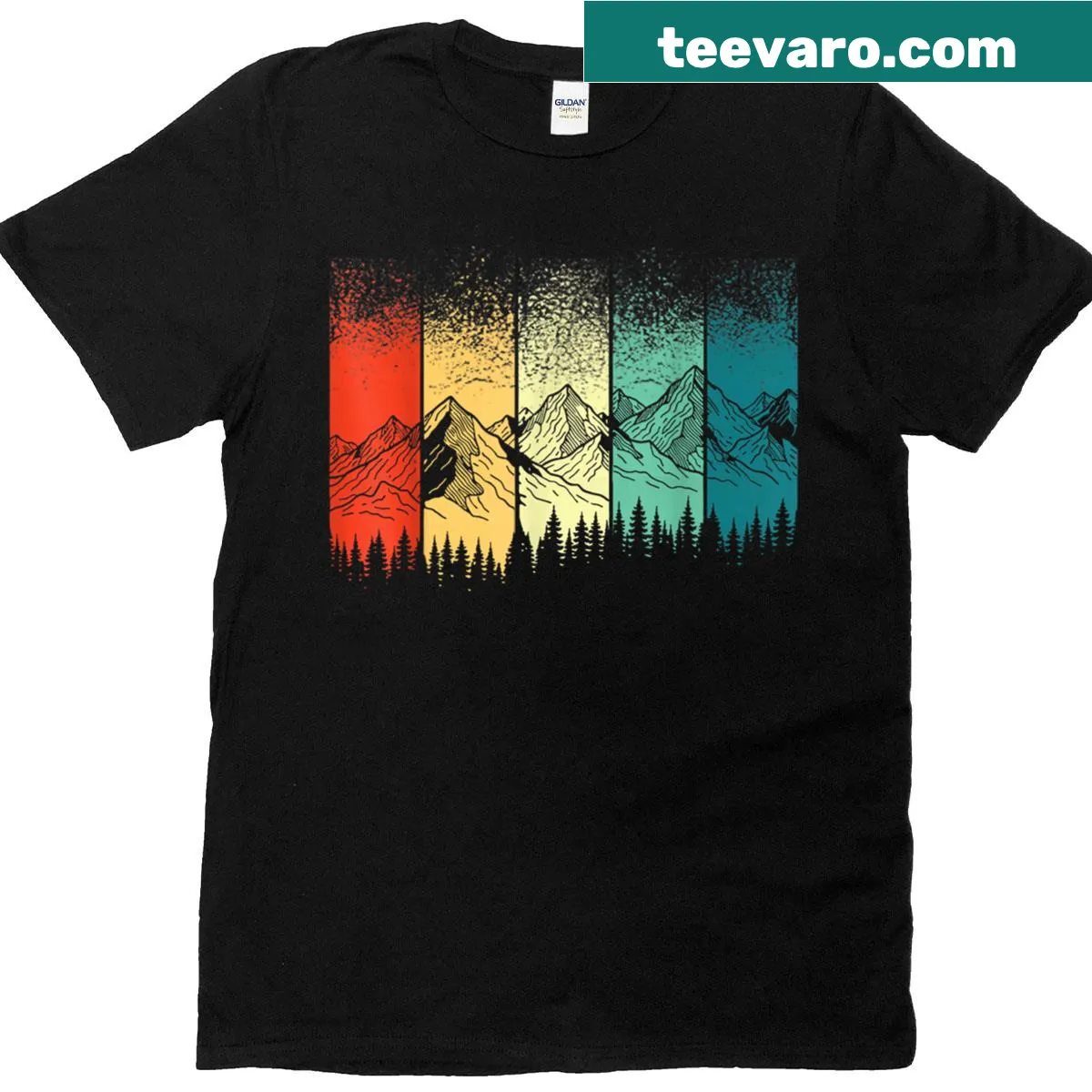 Retro wilderness-themed shirt with mountains and wildlife illustrations — on a men's t-shirt