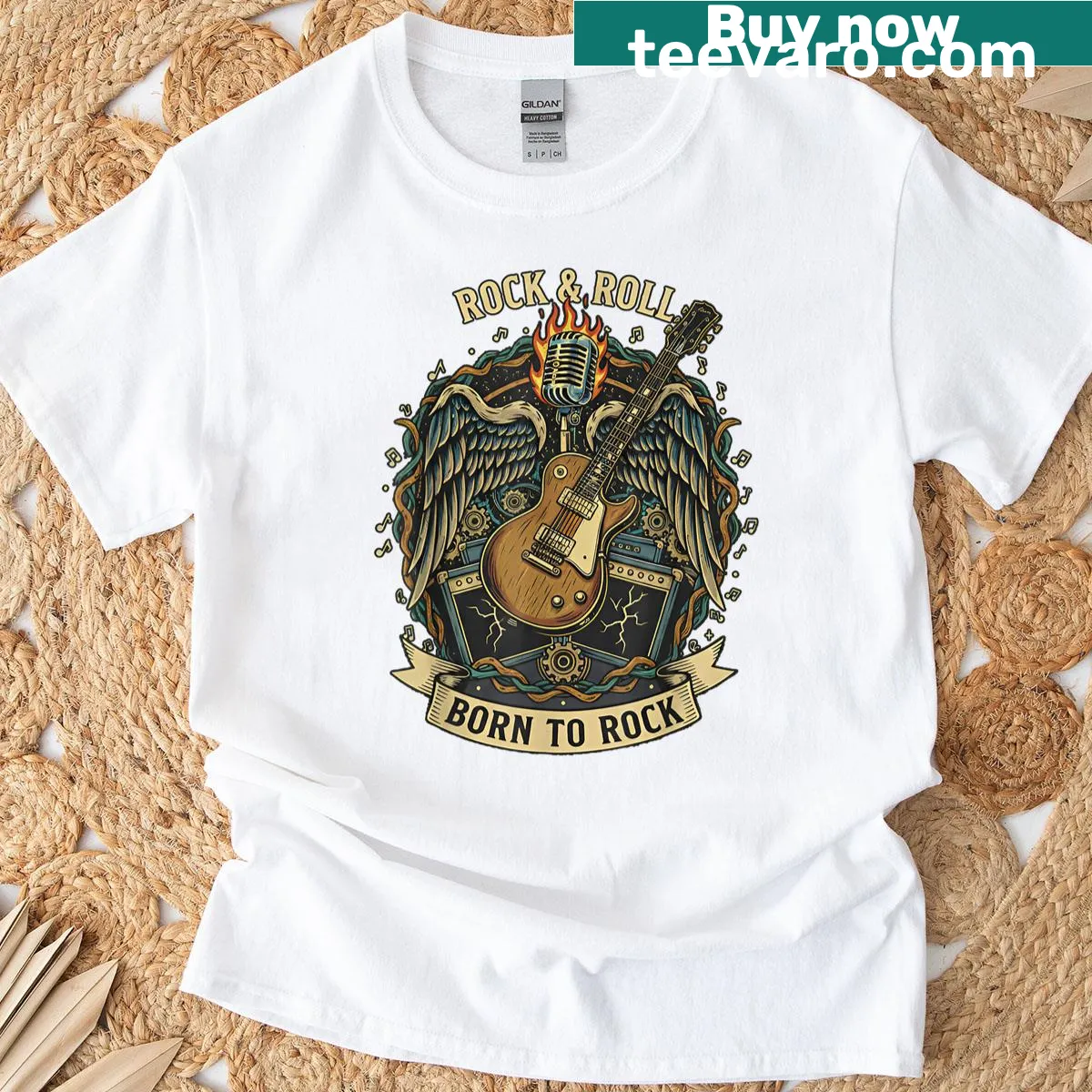 Graphic t-shirt featuring a rock guitar illustration — on a men's t-shirt