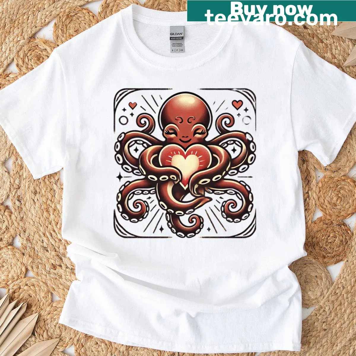 Whimsical octopus embracing a glowing heart on a T-shirt — on a men's t-shirt
