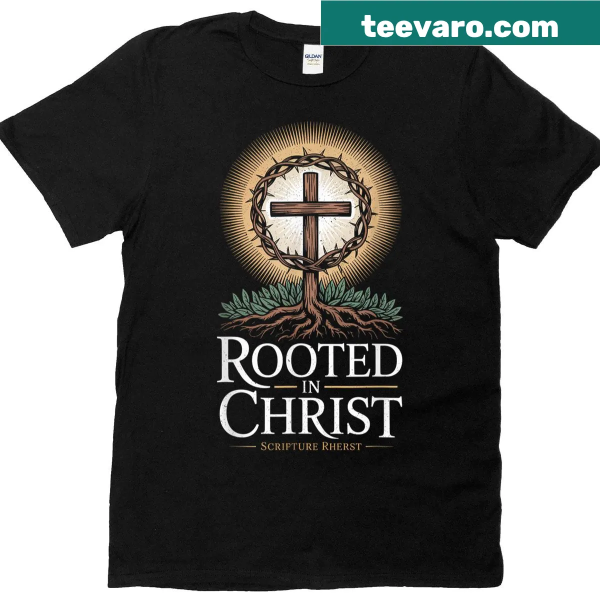 Vintage-style t-shirt featuring a cross and 'Rooted In Christ' text — on a men's t-shirt
