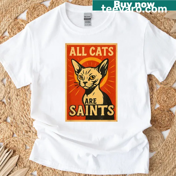 Vintage T-shirt with Saint Horatio-cat poster illustration.