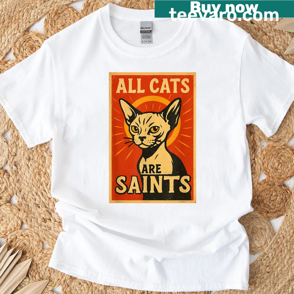 Vintage T-shirt with Saint Horatio-cat poster illustration. — on a men's t-shirt
