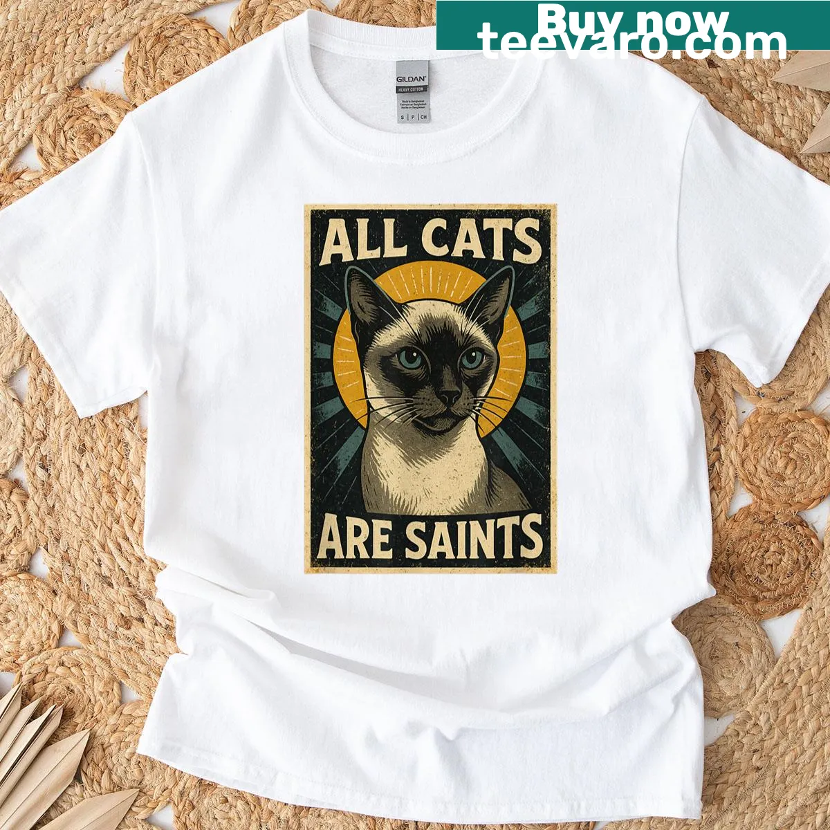 Vintage-style t-shirt featuring a Siamese cat with a halo — on a men's t-shirt