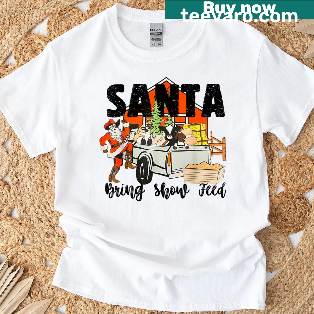 Typography design 'Santa Bring Show Feed' Christmas t-shirt — on a men's t-shirt