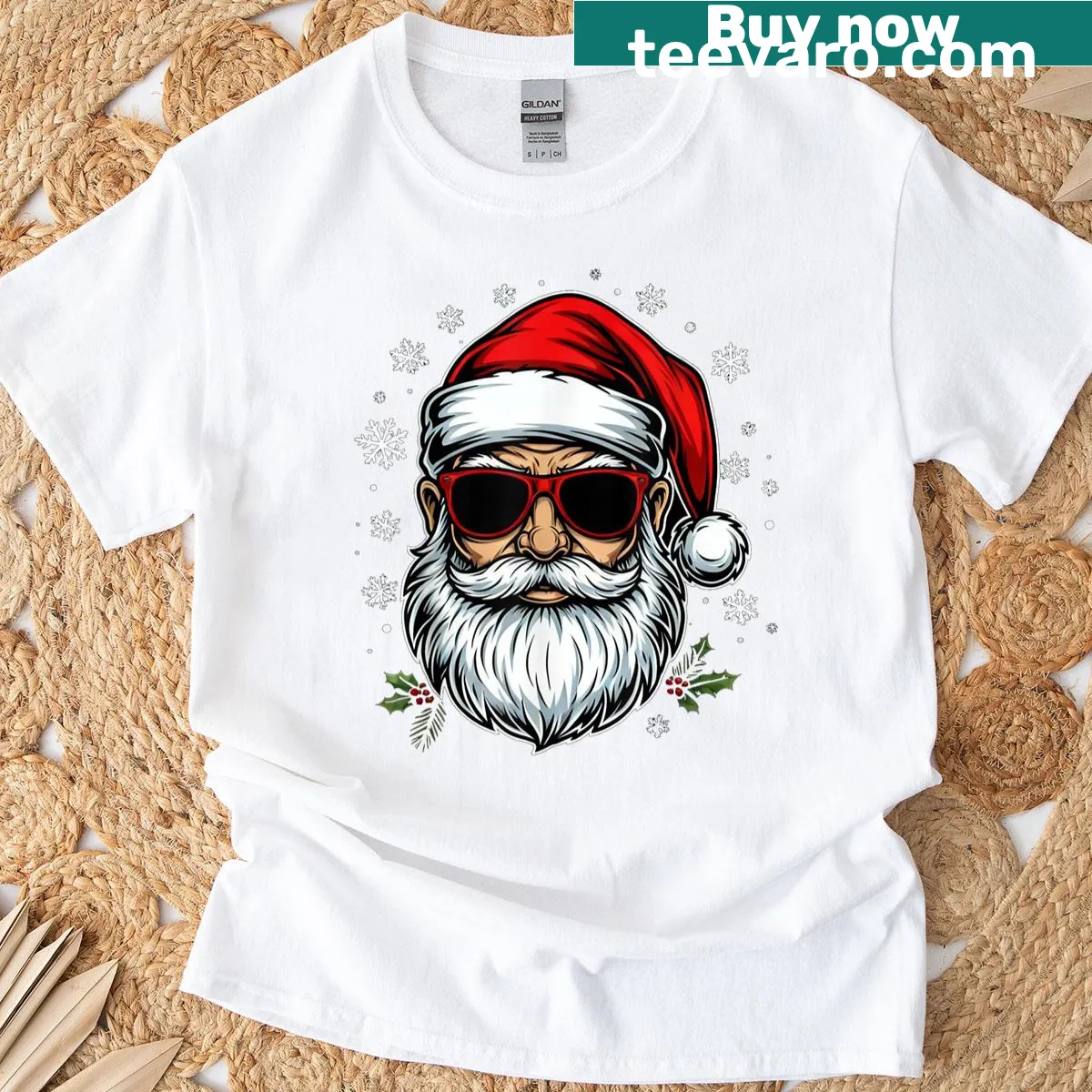 Vintage Santa Claus face t-shirt with retro sunglasses design — on a men's t-shirt