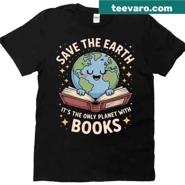 T-shirt with a message about saving Earth and books