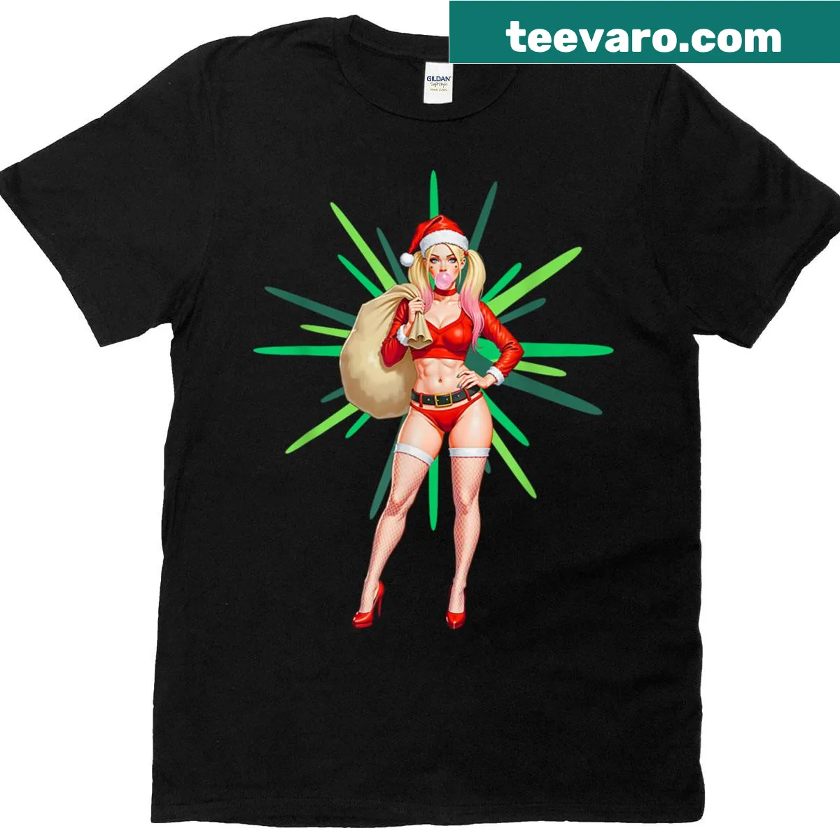 Vintage Santa girl t-shirt with a playful pin-up design — on a men's t-shirt