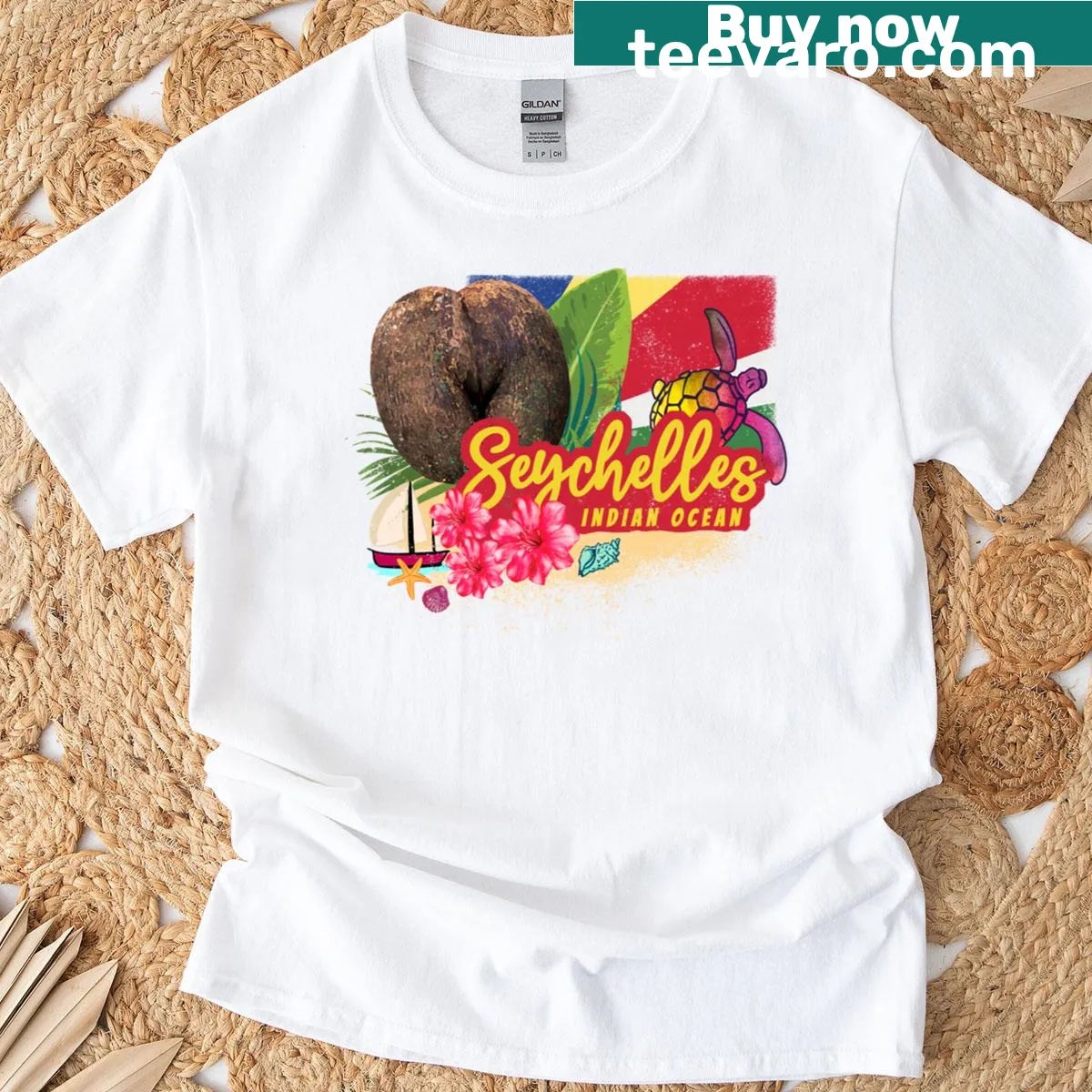 Vintage design featuring Seychelles island, coconut, and beach — on a men's t-shirt