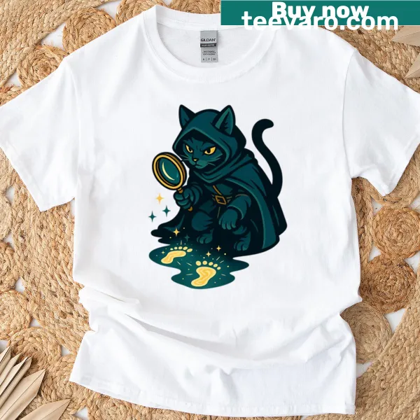 Rogue cat investigator graphic t-shirt for RPG enthusiasts