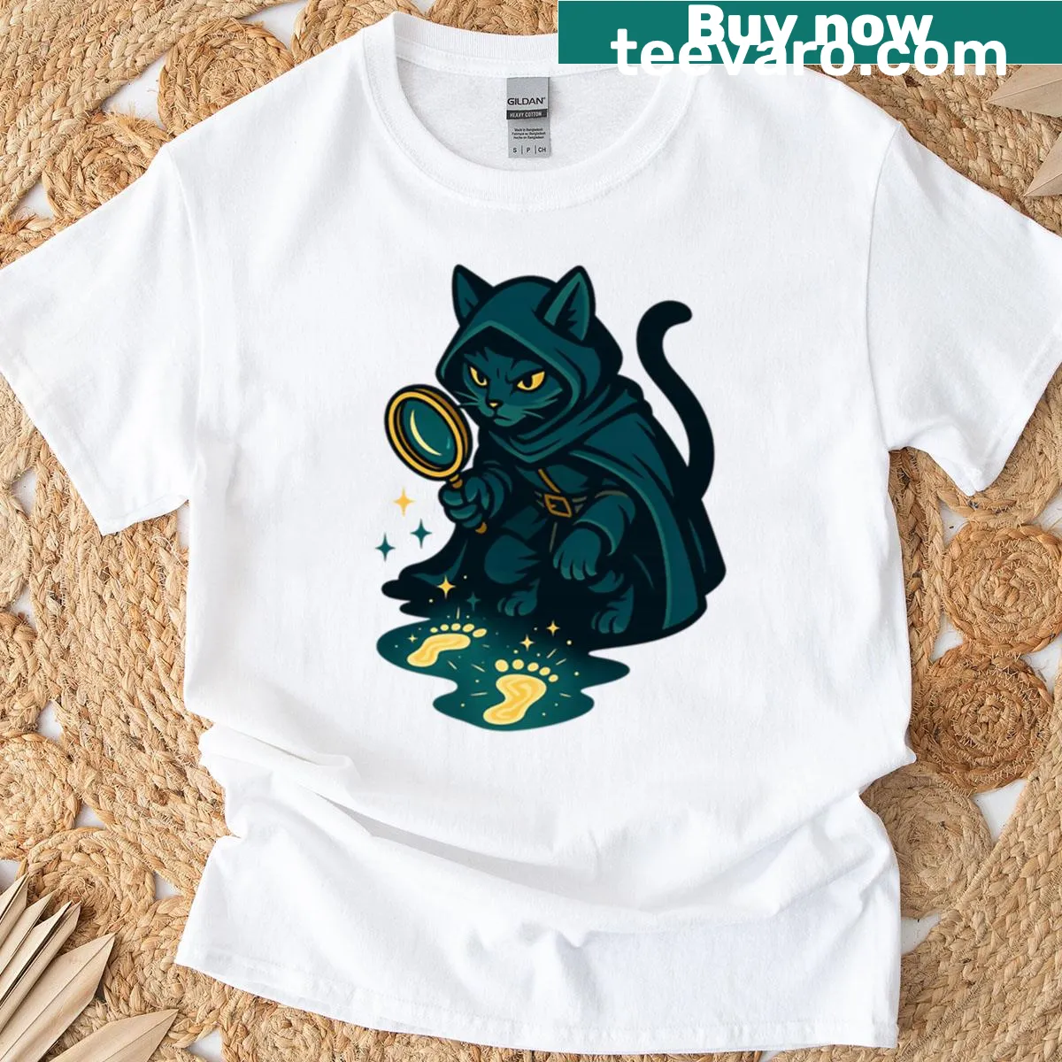 Rogue cat investigator graphic t-shirt for RPG enthusiasts — on a men's t-shirt