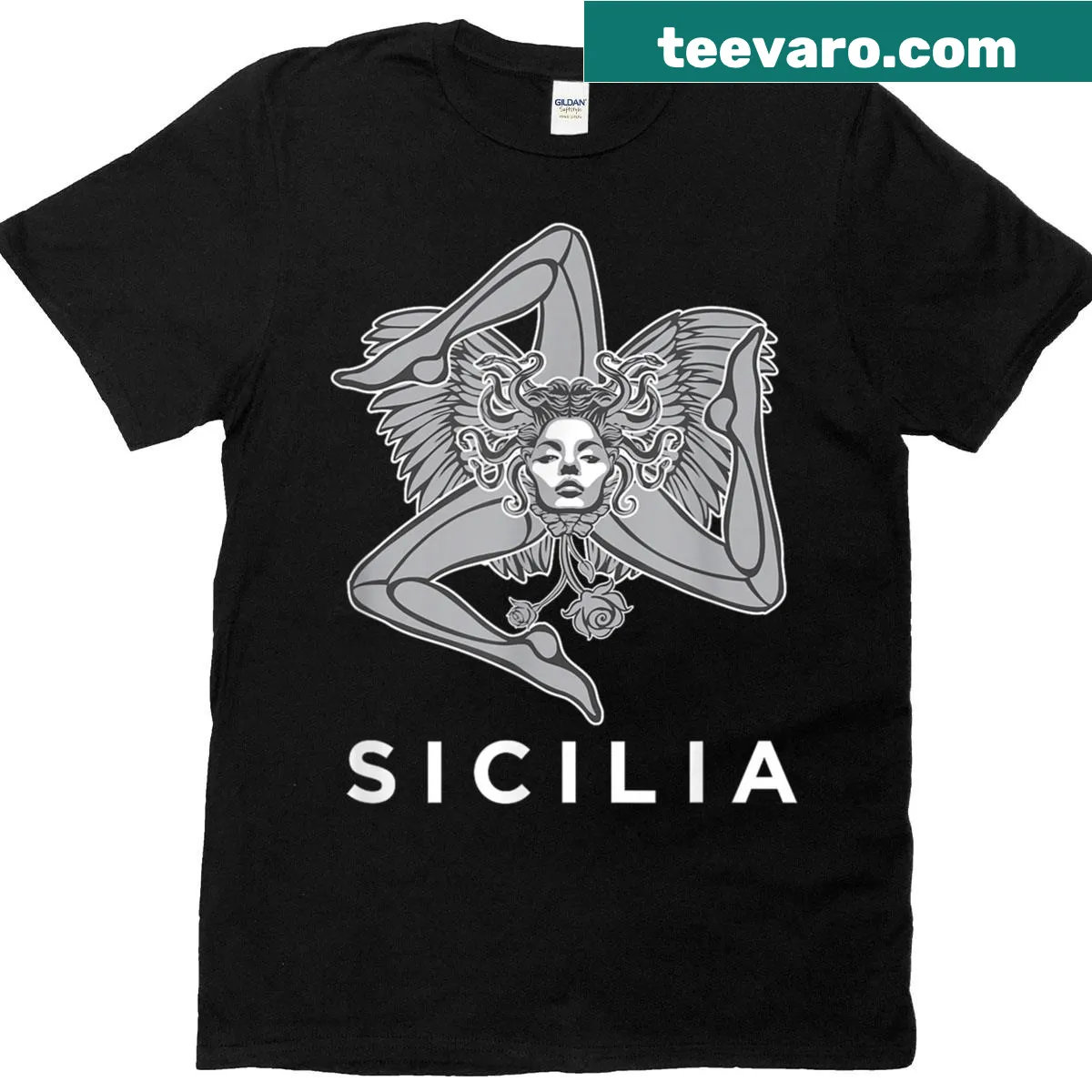 Illustrative t-shirt featuring the Trinacria symbol of Sicily — on a men's t-shirt