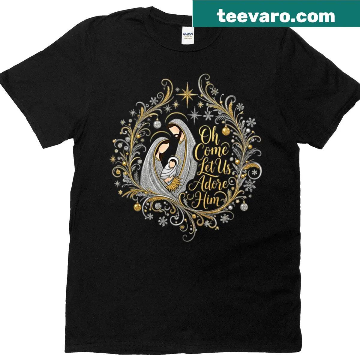 Nativity t-shirt with elegant silver and gold design — on a men's t-shirt