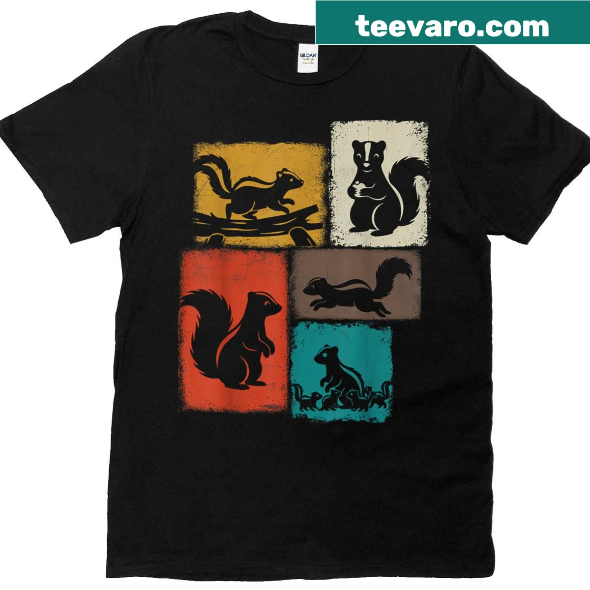 Vintage-style T-shirt featuring a collage of skunks and badgers — on a men's t-shirt