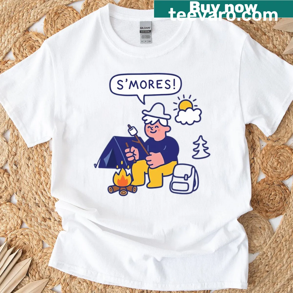 T-shirt with a cartoon s'mores design around a campfire. — on a men's t-shirt