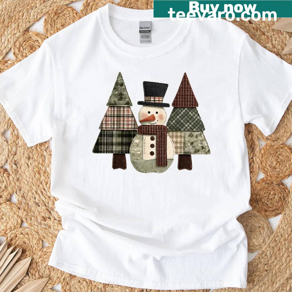 Rustic Christmas t-shirt with snowman and plaid trees design — on a men's t-shirt