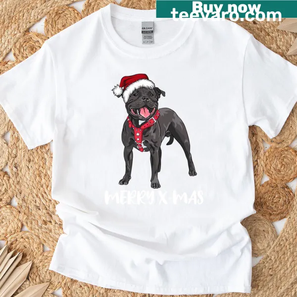 Christmas-themed T-shirt featuring an illustration of Staffordshire Bull Terrier