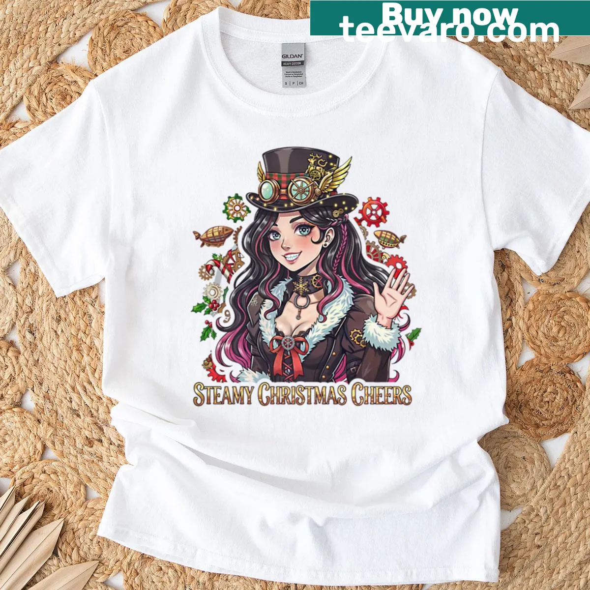 Steampunk-themed Christmas T-shirt with vintage design and playful graphics — on a men's t-shirt