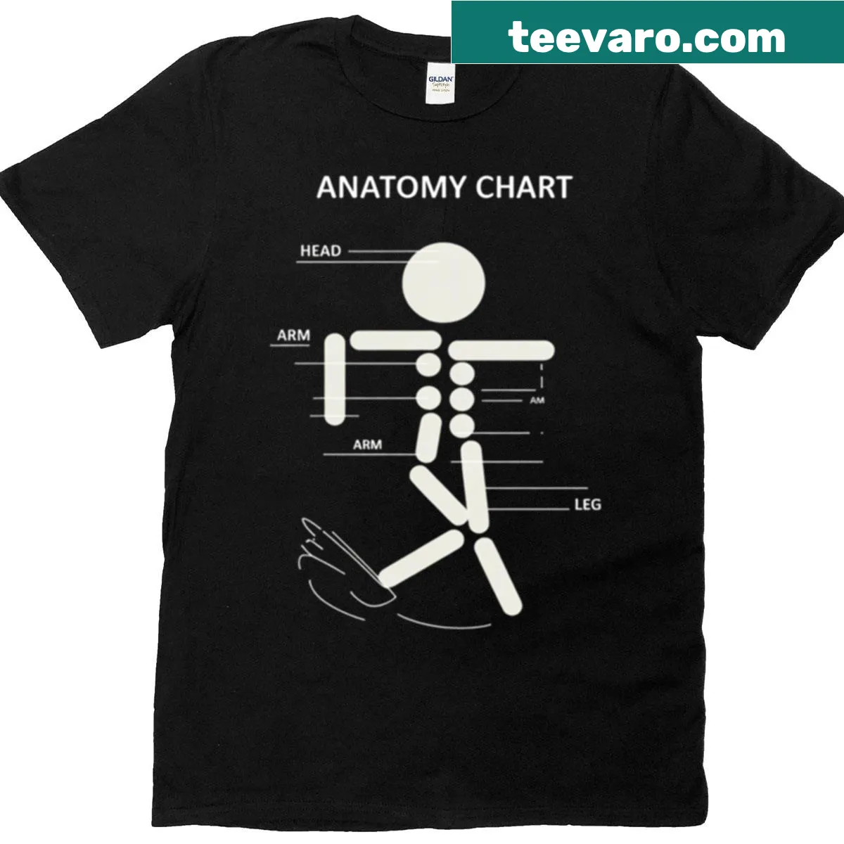 T-shirt featuring a stick figure anatomy chart design — on a men's t-shirt
