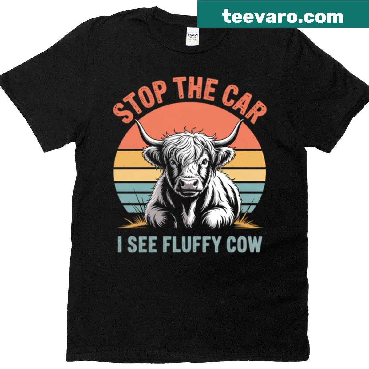 Fluffy cow graphic with the text 'Stop The Car' on T-shirt. — on a men's t-shirt