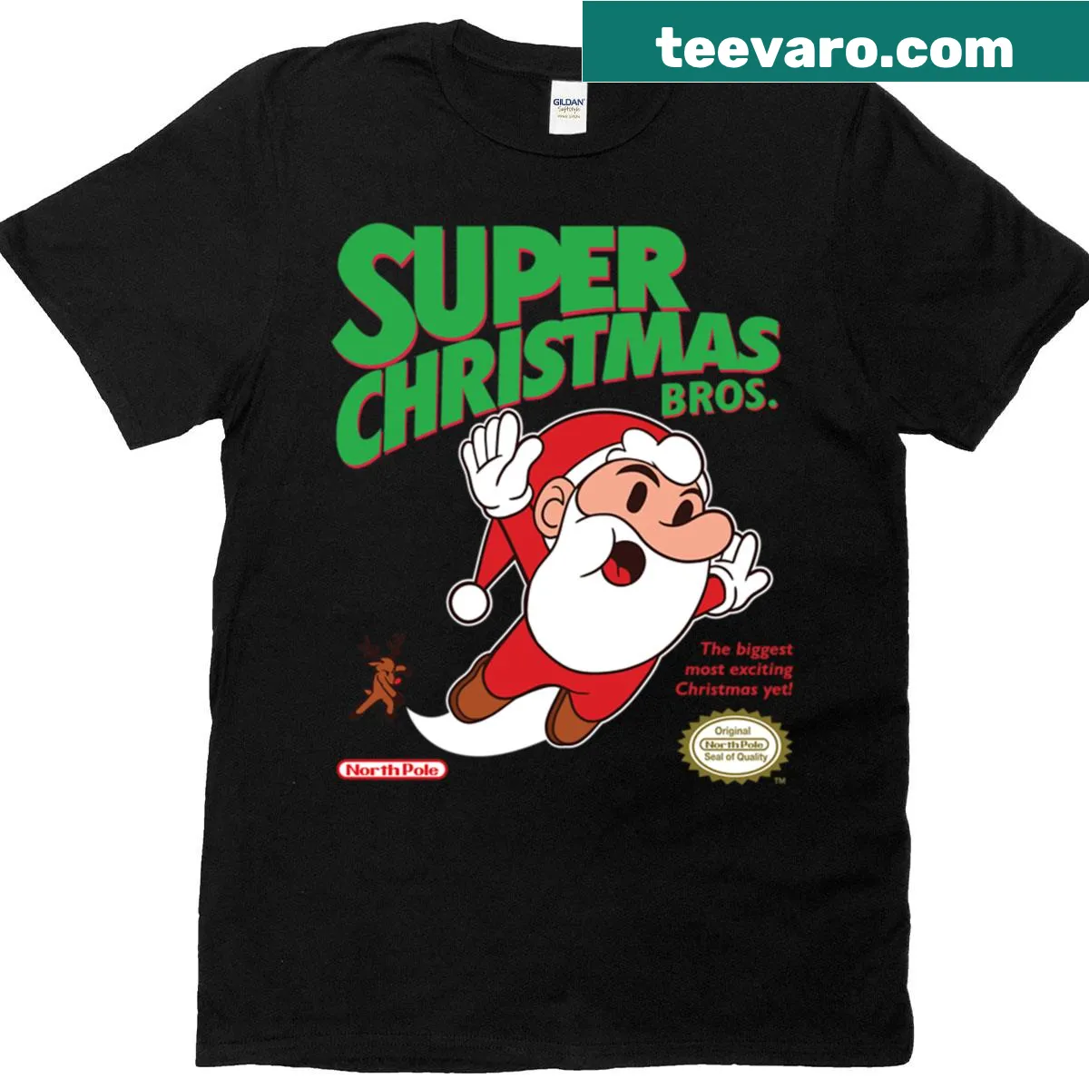 Christmas-themed T-shirt inspired by classic video game aesthetics — on a men's t-shirt
