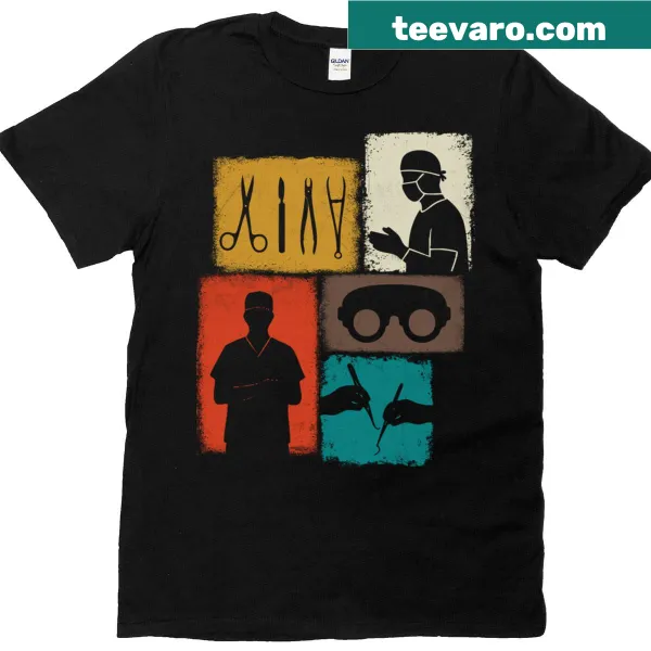 Vintage collage T-shirt for surgeons featuring surgical instruments