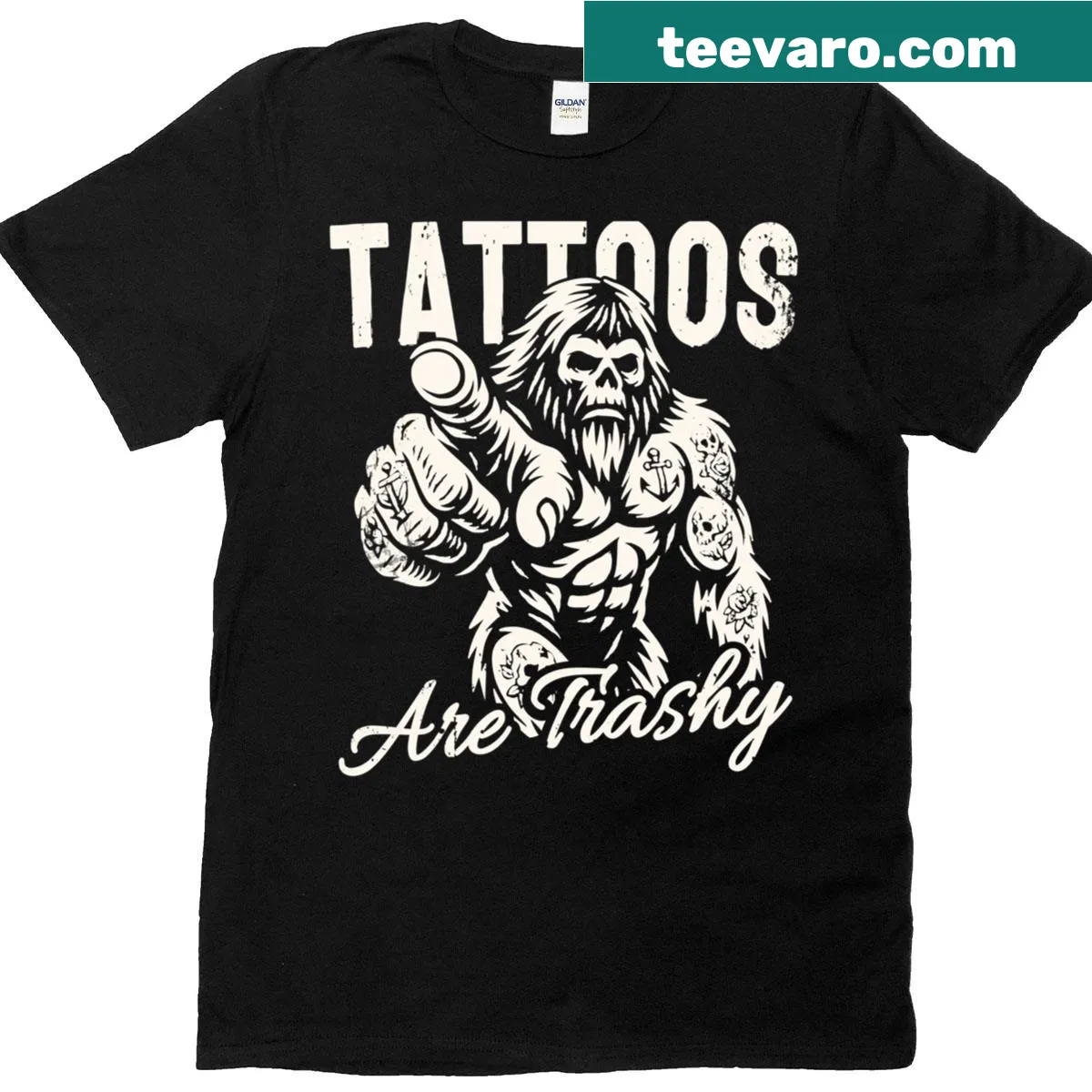 Sarcastic T-shirt with the phrase 'Tattoos Are Trashy' in bold typography — on a men's t-shirt