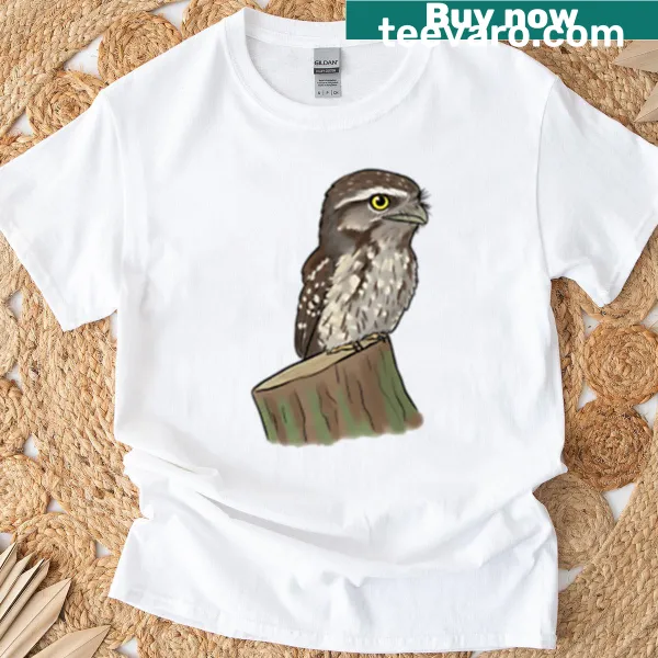 Illustration of a tawny frogmouth bird on a T-shirt