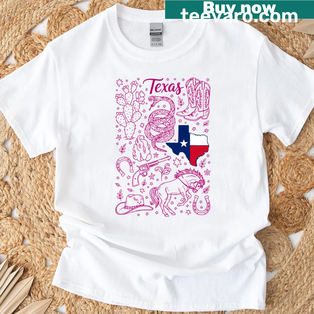 Texas cowboy-themed T-shirt with ranch-inspired illustrations — on a men's t-shirt