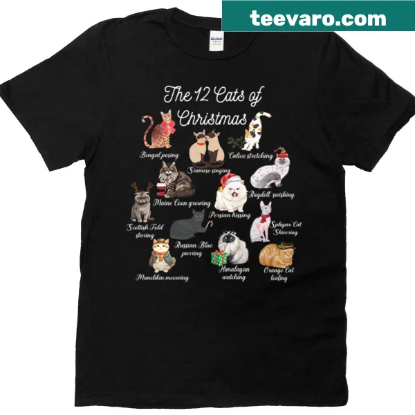 Illustrative T-shirt featuring 12 cats celebrating Christmas