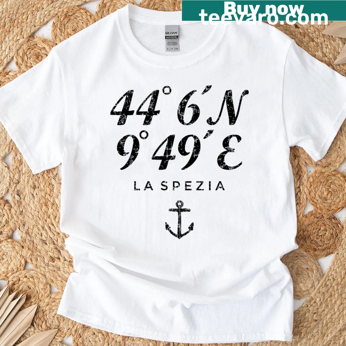 Vintage distressed T-shirt featuring geographic coordinates of La Spezia — on a men's t-shirt