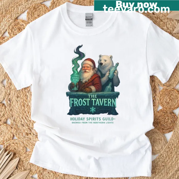 Santa and polar bartender graphic on a festive T-shirt